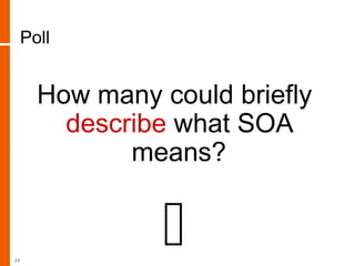 Poll
How many could briefly
describe what SOA
means?
24
 