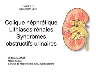 Colique néphrétique
Lithiases rénales
Syndromes
obstructifs urinaires
Cours IFSI
Septembre 2017
Dr Hocine ZAIDI
Néphrologue
Service de Néphrologie, CHG Carcassonne
 