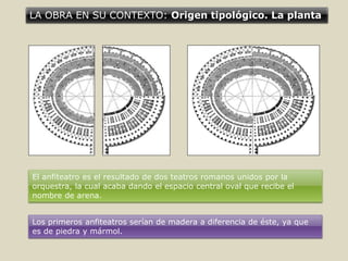 LA OBRA EN SU CONTEXTO: Origen tipológico. La planta
El anfiteatro es el resultado de dos teatros romanos unidos por la
orquestra, la cual acaba dando el espacio central oval que recibe el
nombre de arena.
Los primeros anfiteatros serían de madera a diferencia de éste, ya que
es de piedra y mármol.
 
