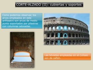 CORTE-ALZADO (II): cubiertas y soportes
Como podemos observar, los
arcos empleados en este
anfiteatro son arcos de medio
punto soportados por pilastras
con columnas adosadas.
Las bóvedas empleadas en el Coliseo
son de cañón.
 