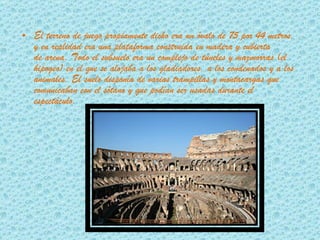 El terreno de juego propiamente dicho era un óvalo de 75 por 44 metros, y en realidad era una plataforma construida en madera y cubierta de arena. Todo el subsuelo era un complejo de túneles y mazmorras (el hipogeo) en el que se alojaba a los gladiadores, a los condenados y a los animales. El suelo disponía de varias trampillas y montacargas que comunicaban con el sótano y que podían ser usadas durante el espectáculo. 