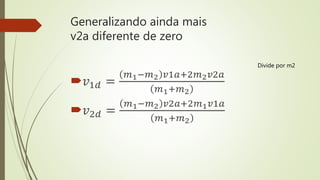 Generalizando ainda mais
v2a diferente de zero
𝑣1𝑑 =
𝑚1−𝑚2 𝑣1𝑎+2𝑚2 𝑣2𝑎
𝑚1+𝑚2
𝑣2𝑑 =
𝑚1−𝑚2 𝑣2𝑎+2𝑚1 𝑣1𝑎
𝑚1+𝑚2
Divide por m2
 
