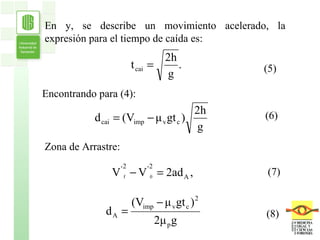 En y, se describe un movimiento acelerado, la expresión para el tiempo de caída es:  Zona de Arrastre: (5) (6) (7) (8) Encontrando para (4): 