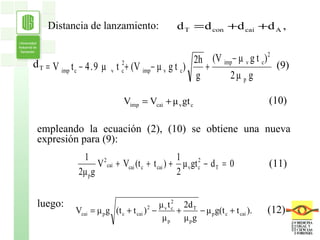 (10) (11) (9) Distancia de lanzamiento:  empleando la ecuación (2), (10) se obtiene una nueva expresión para (9): luego:  (12) 