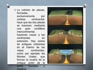 O La colisión de placas,
formadas
exclusivamente por
corteza continental,
hace que las dos placas
se fusionen, mediante
una gran cordillera
intercontinental,
haciendo crecer a los
continentes en
extensión. Hay restos
de antiguas colisiones
en el interior de los
viejos continentes,
como por ejemplo los
Montes Urales, que
forman la cicatriz de la
antigua unión de la
placa Europea y
Asiática.
 