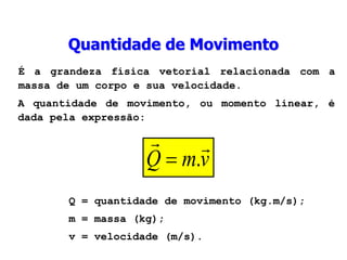 Quantidade de Movimento
É a grandeza física vetorial relacionada com a
massa de um corpo e sua velocidade.
A quantidade de movimento, ou momento linear, é
dada pela expressão:
Q = quantidade de movimento (kg.m/s);
m = massa (kg);
v = velocidade (m/s).
v
m
Q


.

 
