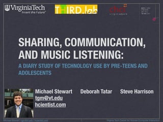 Michael Stewart | tgm@vt.edu | hcientist.com Virginia Tech Center for Human-Computer Interaction
SHARING, COMMUNICATION,
AND MUSIC LISTENING:
A DIARY STUDY OF TECHNOLOGY USE BY PRE-TEENS AND
ADOLESCENTS
Michael Stewart
tgm@vt.edu
hcientist.com
Deborah Tatar Steve Harrison
1
 