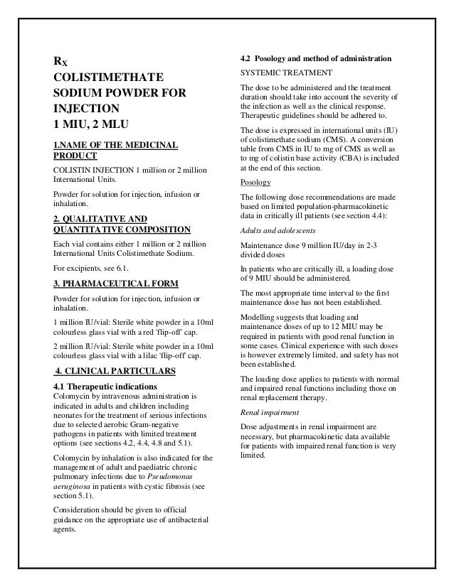 Colistin Injection 1 Million Or 2 Million Iu Smpc Taj Pharmaceuticals