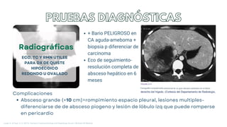 Radiográficas
Complicaciones
Absceso grande (+10 cm)=rompimiento espacio pleural, lesiones multiples-
diferenciarse de de absceso piogeno y lesión de lóbulo izq que puede romperse
en pericardio
ECO, TC Y RMN ÚTILES
PARA DX DE QUISTE
HIPOECOICO
REDONDO U OVALADO
PRUEBAS DIAGNÓSTICAS
+ Bario PELIGROSO en
CA aguda-ameboma +
biopsia p diferenciar de
carcinoma
Eco de seguimiento-
resolución completa de
absceso hepático en 6
meses
Longo, D., & Fauci, A. S. (2013). Harrison’s Gastroenterology and Hepatology (2a ed.). McGraw-Hill Medical.
 