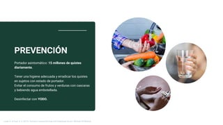 PREVENCIÓN
Portador asintomático: 15 millones de quistes
diariamente.
Tener una higiene adecuada y erradicar los quistes
en sujetos con estado de portador.
Evitar el consumo de frutos y verduras con cascaras
y bebiendo agua embotellada.
Desinfectar con YODO.
Longo, D., & Fauci, A. S. (2013). Harrison’s Gastroenterology and Hepatology (2a ed.). McGraw-Hill Medical.
 