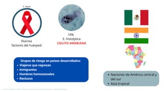 Grupos de riesgo en países desarrollados:
Viajeros que regresan
Inmigrantes
Hombres homosexuales
Reclusos
Diarrea
factores del huésped
10%
E. histolytica
COLITIS AMEBIANA
Naciones de América central y
del sur
Asia tropical
Longo, D., & Fauci, A. S. (2013). Harrison’s Gastroenterology and Hepatology (2a ed.). McGraw-Hill Medical.
E. dispar
 
