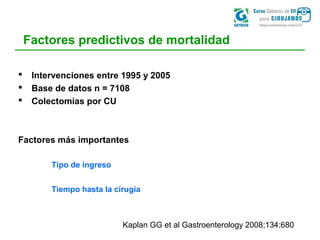 Factores predictivos de mortalidad
 Intervenciones entre 1995 y 2005
 Base de datos n = 7108
 Colectomías por CU
Factor...