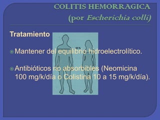 COLITIS HEMORRAGICA(por Escherichiacolli)E. colienterohemorrágica produce colitis hemorrágica. En las heces de vacas, cerdos, aves de corral y ovejas. Fuentes de la infección: Hamburguesas mal cocidasLeche no pasteurizada Agua potable contaminada Persona  a persona. 