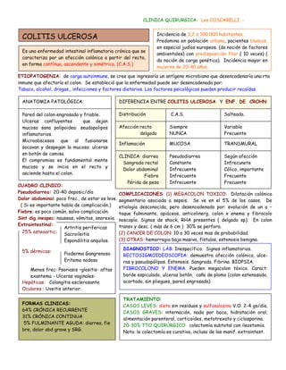 CLINICA QUIRURGICA- Leo COSCARELLI .-


  COLITIS ULCEROSA                                                  Incidencia de 3,2 x 100.000 habitantes.
                                                                    Predomina en población urbana, pacientes blancos,
                                                                    en especial judíos europeos. (da noción de factores
  Es una enfermedad intestinal inflamatoria crónica que se
                                                                    ambientales) con predisposición fliar ( 10 veces) (
  caracteriza por un afección colónica a partir del recto,
                                                                    da noción de carga genética). Incidencia mayor en
  en forma contínua, ascendente y simétrica. (C.A.S.)
                                                                    mujeres de 20-40 años.
ETIOPATOGENIA: de carga autoinmune, se cree que ingresaría un antígeno microbiano que desencadenaría una rta
inmune que afectaría el colon. Se estableció que la enfermedad puede ser desencadenada por:
Tabaco, alcohol, drogas,, infecciones y factores dietarios. Los factores psicológicos pueden producir recaídas.

  ANATOMIA PATOLÓGICA:                           DIFERENCIA ENTRE COLITIS ULCEROSA Y ENF. DE CROHN

  Pared del colon engrosada y friable.           Distribución             C.A.S.                  Salteada.
  Ulceras confluyentes       que dejan
  mucosa sana polipoidea: seudopolipos           Afección recto          Siempre                  Variable
  inflamatorios.                                          delgado        NUNCA                    Frecuente
  Microabscesos que al fusionarse
                                                 Inflamación             MUCOSA                   TRANSMURAL
  socavan y despegan la mucosa: ulceras
  en botón de camisa.
                                                 CLINICA: diarrea        Pseudodiarrea            Según afección
  El compromiso es fundamental mente
                                                   Sangrado rectal       Constante                Infrecunete
  mucoso y se inicia en el recto y
                                                   Dolor abdominal       Infrecuente              Cólico, importante
  asciende hasta el colon.
                                                            Fiebre       Infrecuente              Frecuente
                                                    Périda de peso       Infrecuente              Frecuente
CUADRO CLINICO:
Pseudodiarrea: 20-40 deposic/día                 COMPLICACIONES: (1) MEGACOLON TOXICO: Dilatación colónica
Dolor abdominal: poco frec., de estar es leve.   segmentaria asociada a sepsis. Se ve en el 5% de los casos. De
 ( Si es importante habla de complicación.)      etiología desconocida, pero desencadenado por: evolución de un a –
Fiebre: es poco común, salvo complicación.       taque fulminante, opiáceos, anticolinerg, colon x enema y fibrocolo
Sint dig.inespec: nauseas, vómitos, anorexia.    noscopía. Signos de shock, RHA presentes ( delgado sp). En colon
Extraintestinal:                                 transv y desc. ( más de 6 cm ) 30% se perfora.
                     Artritis perifericas
  25% osteoartic:    Sacroileitis                (2) CANCER DE COLON: 10 a 30 veces mas de probabilidad.
                     Espondilitis anquilos.      (3) OTRAS: hemorragia baja masiva, fístulas, estenosis benigna.
                                                  DIAGNOSTICO: LAB: Inespecífico. Signos inflamatorios.
 5% dérmicas:        Pioderma Gangrenoso          RECTOSIGMOIDEOSCOPIA: demuestra afección colónica, ulce-
                     Eritema nodoso               ras y pseudopólipos. Estenosis. Sangrado. Fibrina. BIOPSIA.
    Menos frec: Psoriasis –glositis- aftas        FIBROCOLONO Y ENEMA. Pueden megacolon tóxico. Caract:
    exantema - Ulceras vaginales-                 borde espiculado, ulceras botón, caño de plomo (colon estenosado,
 Hepáticas: Colangitis esclerosante               acortado, sin pliegues, pared engrosada)
 Oculares : Uveitis anterior.

                                                  TRATAMIENTO:
  FORMAS CLINICAS:                                CASOS LEVES: dieta sin residuos y sulfasalazina V.O. 2-4 gs/día.
  64% CRÓNICA RECURRENTE                          CASOS GRAVES: internación, nada por boca, hidratación oral,
  31% CRÓNICA CONTINUA                            alimentación parenteral, corticoides, metotrexato y ciclosporina.
   5% FULMINANTE AGUDA: diarrea, fie              20-30% TTO QUIRÚRGICO: colectomía subtotal con ileostomía.
  bre, dolor abd grave y SRG.                     Nota: la colectomía es curativa, incluso de las manif. extraintest.
 