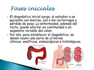 El diagnóstico inicial surge, al estudiar a un
paciente con diarrea, con o sin rectorragia y
pérdida de peso. La enfermedad, además del
recto, puede afectar en continuidad a un
segmento variable del colon.
 Por ello, para establecer el diagnóstico, se
deben reunir una serie de criterios
clínicos, analíticos, endoscópicos e histológicos.
 