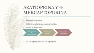 AZATIOPRINA Y 6-
MERCAPTOPURINA
– Análogos de purinas
– En EII dependiente de glucocorticoides
– Activo: á. tionosinico
– 2 – 2.5 mg/kg/día o 1 – 1.5 mg/kg/día
Inhibe sintesis
de
ribonucleotidos
Proliferación
celular
Respuesta
inflamatoria
 