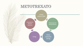 METOTREXATO
Inhibe
síntesis ADN
Reductasa de
dehidrofolato
Dósis
remisión
25mg
15mg
Leucopenia,
fibrosis
hepatica
 