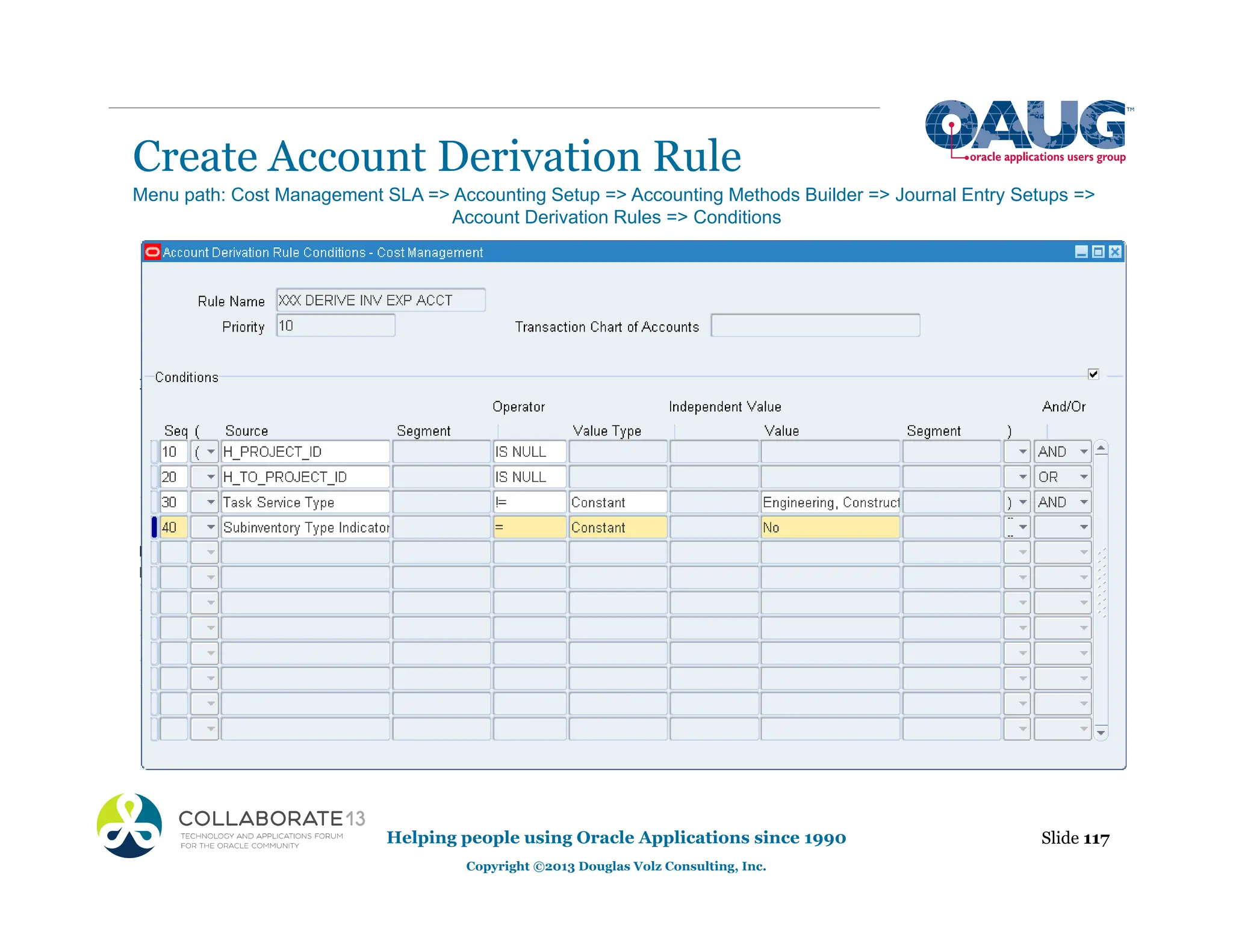 Create Account Derivation Rule
Helping people using Oracle Applications since 1990
Copyright ©2013 Douglas Volz Consulting, Inc.
Slide 117
Menu path: Cost Management SLA => Accounting Setup => Accounting Methods Builder => Journal Entry Setups =>
Account Derivation Rules => Conditions
 