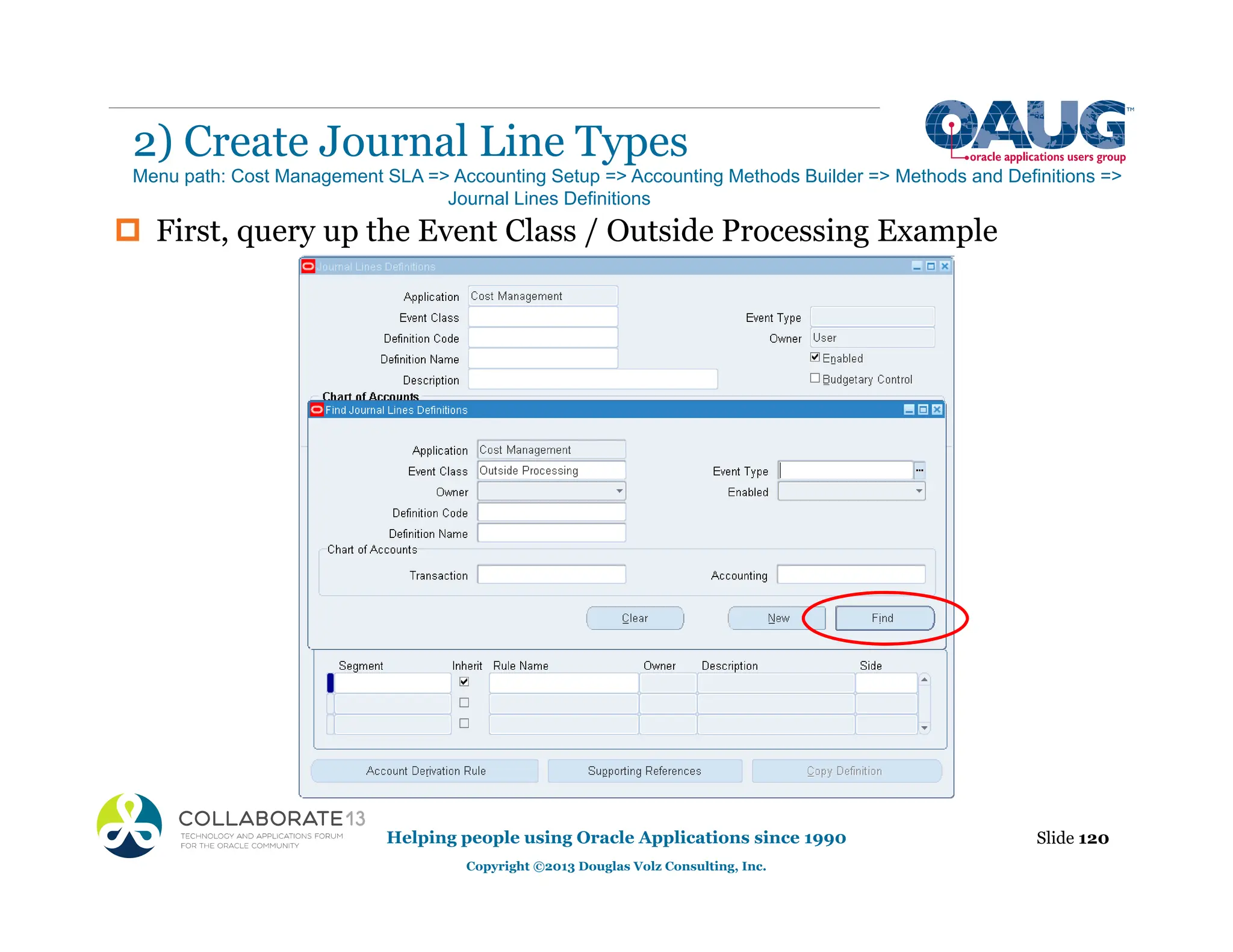 ‡ First, query up the Event Class / Outside Processing Example
2) Create Journal Line Types
Helping people using Oracle Applications since 1990
Copyright ©2013 Douglas Volz Consulting, Inc.
Slide 120
Menu path: Cost Management SLA => Accounting Setup => Accounting Methods Builder => Methods and Definitions =>
Journal Lines Definitions
 