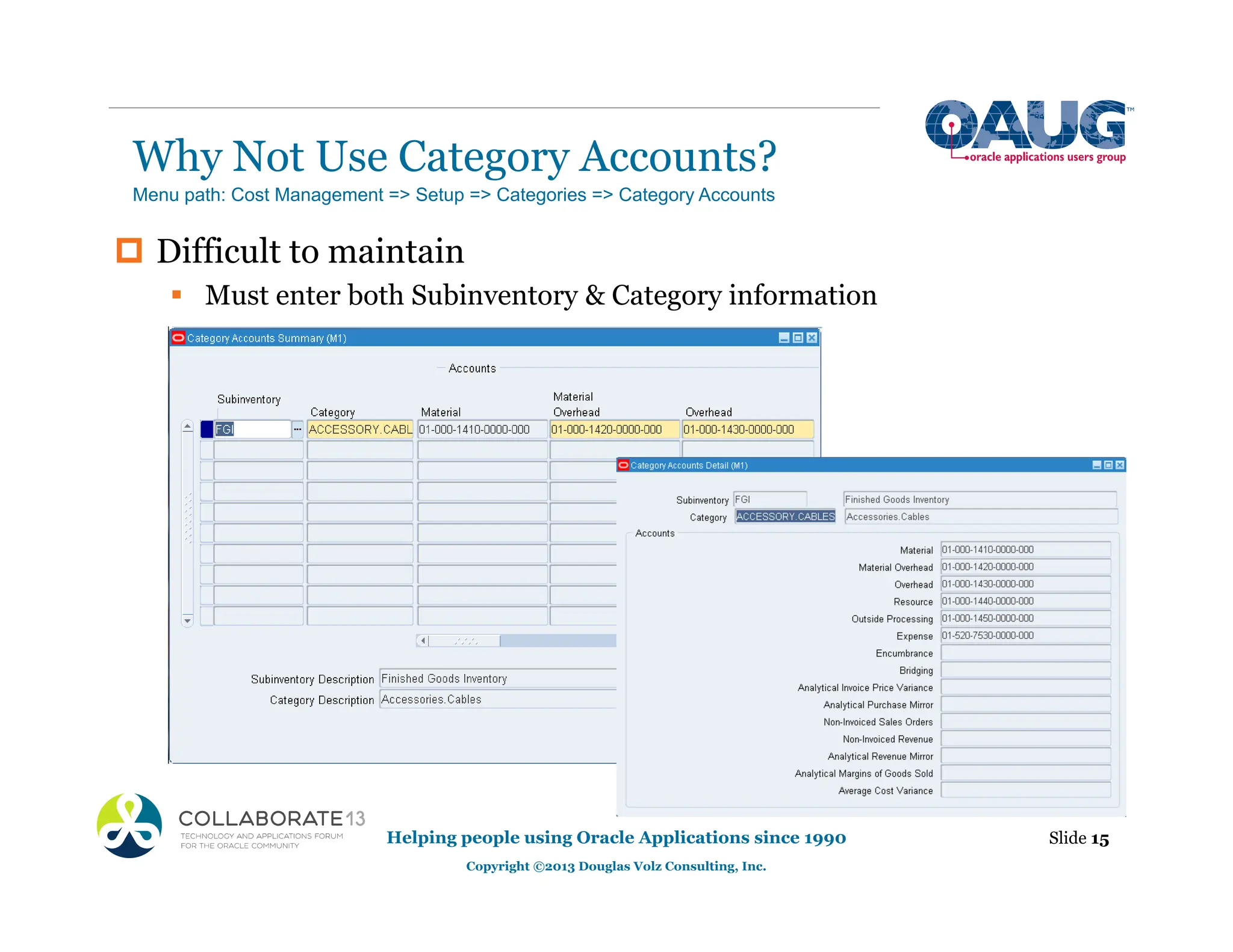 Why Not Use Category Accounts?
Helping people using Oracle Applications since 1990
Copyright ©2013 Douglas Volz Consulting, Inc.
Slide 15
‡ Difficult to maintain
ƒ Must enter both Subinventory & Category information
Menu path: Cost Management => Setup => Categories => Category Accounts
 