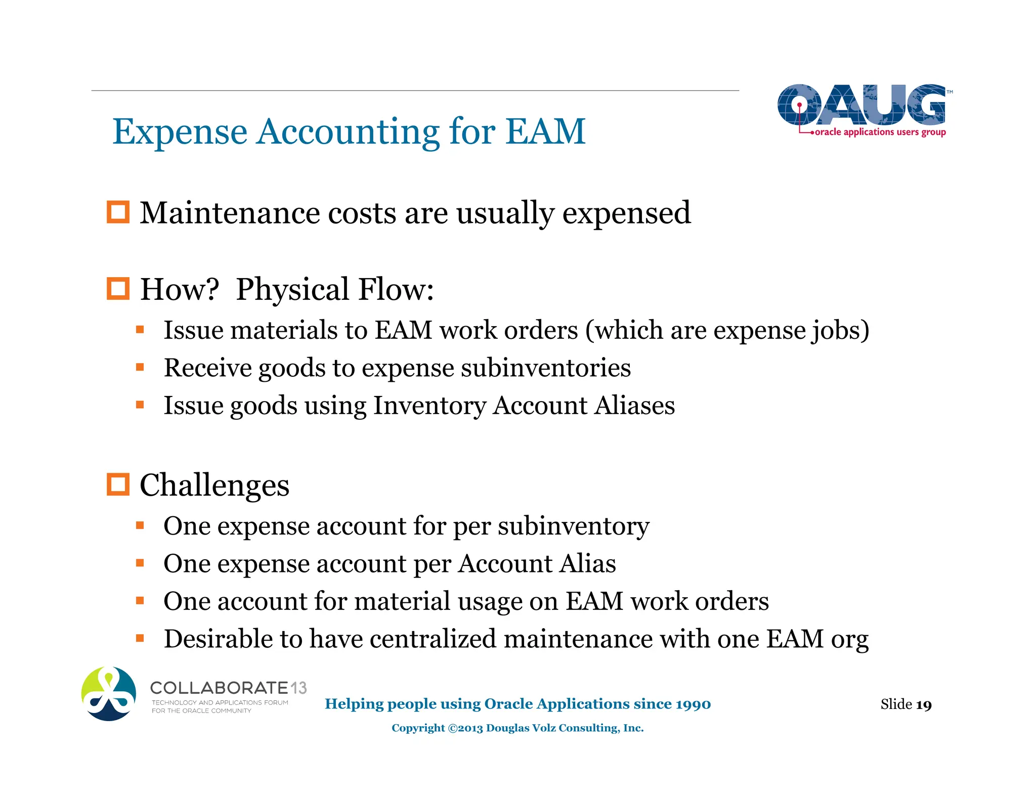 Expense Accounting for EAM
‡ Maintenance costs are usually expensed
‡ How? Physical Flow:
ƒ Issue materials to EAM work orders (which are expense jobs)
ƒ Receive goods to expense subinventories
ƒ Issue goods using Inventory Account Aliases
‡ Challenges
ƒ One expense account for per subinventory
ƒ One expense account per Account Alias
ƒ One account for material usage on EAM work orders
ƒ Desirable to have centralized maintenance with one EAM org
Helping people using Oracle Applications since 1990
Copyright ©2013 Douglas Volz Consulting, Inc.
Slide 19
 