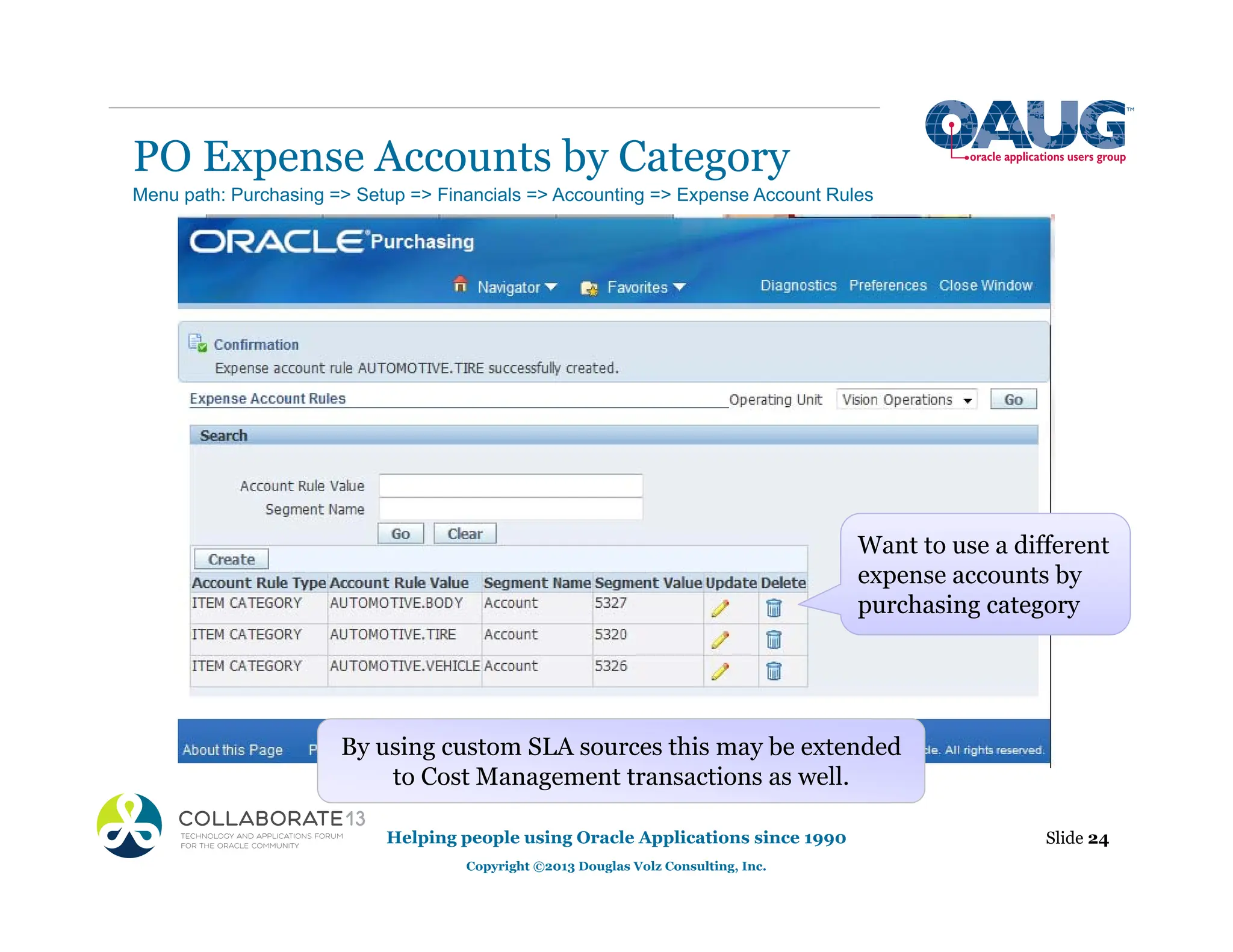 PO Expense Accounts by Category
Helping people using Oracle Applications since 1990
Copyright ©2013 Douglas Volz Consulting, Inc.
Slide 24
Want to use a different
expense accounts by
purchasing category
By using custom SLA sources this may be extended
to Cost Management transactions as well.
Menu path: Purchasing => Setup => Financials => Accounting => Expense Account Rules
 