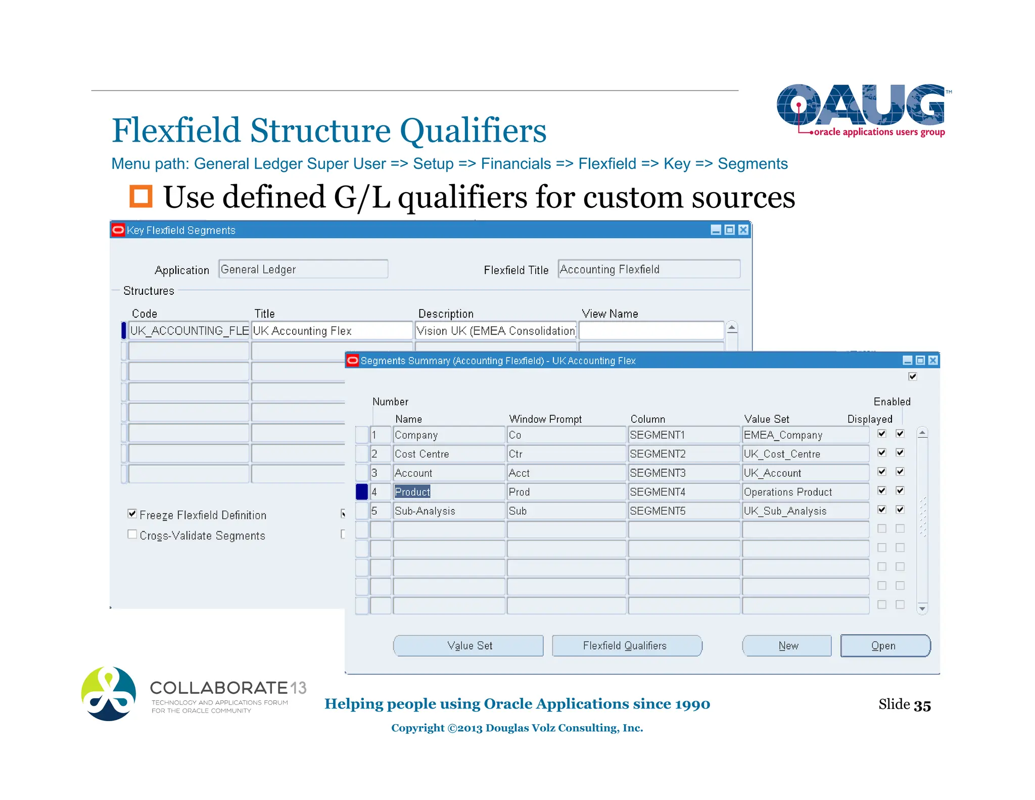 ‡ Use defined G/L qualifiers for custom sources
Flexfield Structure Qualifiers
Slide 35
Helping people using Oracle Applications since 1990
Copyright ©2013 Douglas Volz Consulting, Inc.
Menu path: General Ledger Super User => Setup => Financials => Flexfield => Key => Segments
 