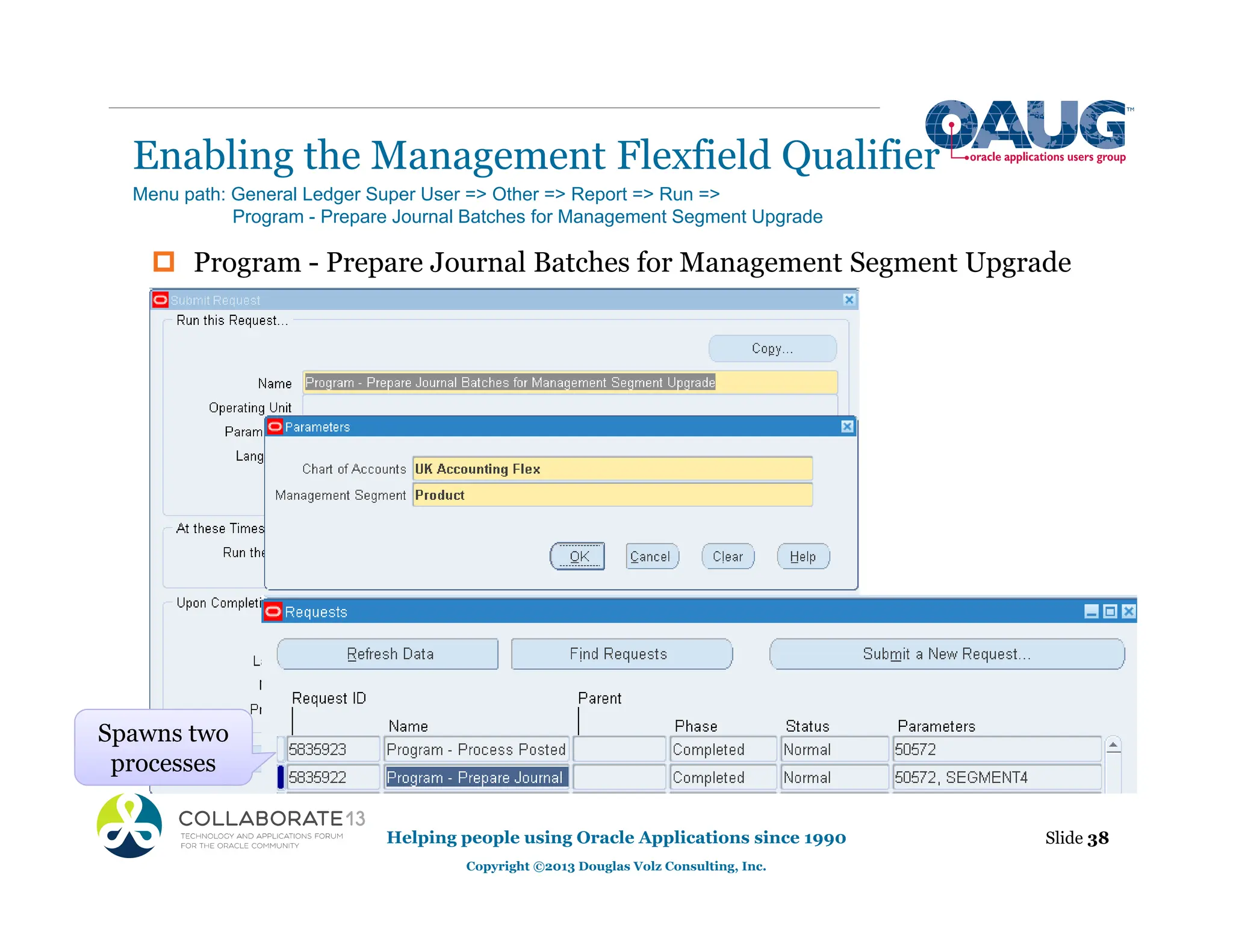 ‡ Program - Prepare Journal Batches for Management Segment Upgrade
Enabling the Management Flexfield Qualifier
Slide 38
Helping people using Oracle Applications since 1990
Copyright ©2013 Douglas Volz Consulting, Inc.
Menu path: General Ledger Super User => Other => Report => Run =>
Program - Prepare Journal Batches for Management Segment Upgrade
Spawns two
processes
 