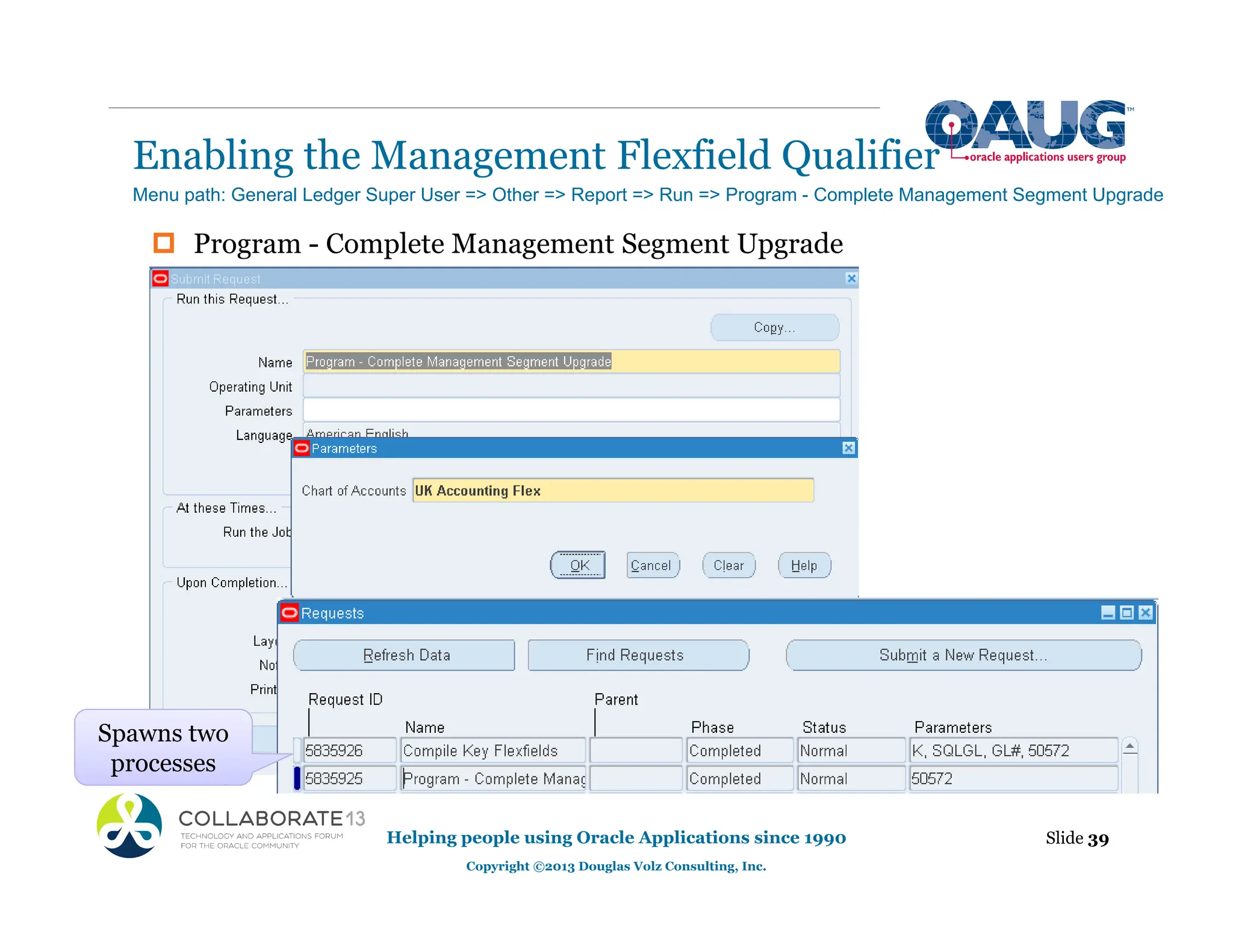 ‡ Program - Complete Management Segment Upgrade
Enabling the Management Flexfield Qualifier
Slide 39
Helping people using Oracle Applications since 1990
Copyright ©2013 Douglas Volz Consulting, Inc.
Menu path: General Ledger Super User => Other => Report => Run => Program - Complete Management Segment Upgrade
Spawns two
processes
 