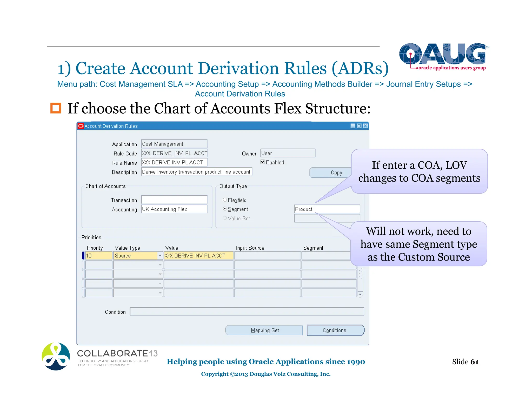 ‡ If choose the Chart of Accounts Flex Structure:
1) Create Account Derivation Rules (ADRs)
Helping people using Oracle Applications since 1990
Copyright ©2013 Douglas Volz Consulting, Inc.
Slide 61
Menu path: Cost Management SLA => Accounting Setup => Accounting Methods Builder => Journal Entry Setups =>
Account Derivation Rules
If enter a COA, LOV
changes to COA segments
Will not work, need to
have same Segment type
as the Custom Source
 