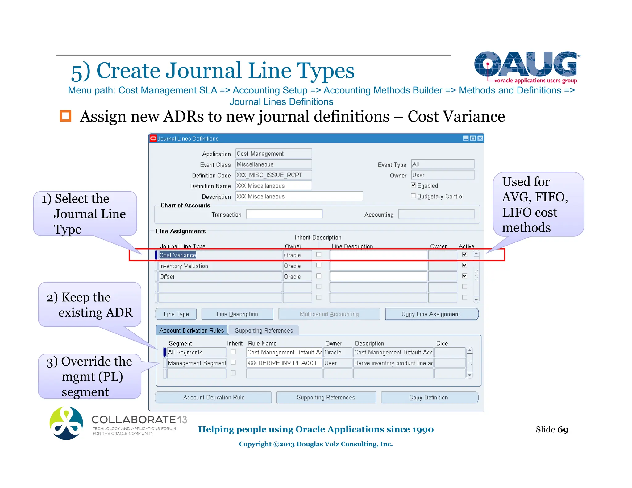 ‡ Assign new ADRs to new journal definitions – Cost Variance
5) Create Journal Line Types
Helping people using Oracle Applications since 1990
Copyright ©2013 Douglas Volz Consulting, Inc.
Slide 69
Menu path: Cost Management SLA => Accounting Setup => Accounting Methods Builder => Methods and Definitions =>
Journal Lines Definitions
2) Keep the
existing ADR
g
3) Override the
mgmt (PL)
segment
Type
1) Select the
Journal Line
Type
Used for
AVG, FIFO,
LIFO cost
methods
 