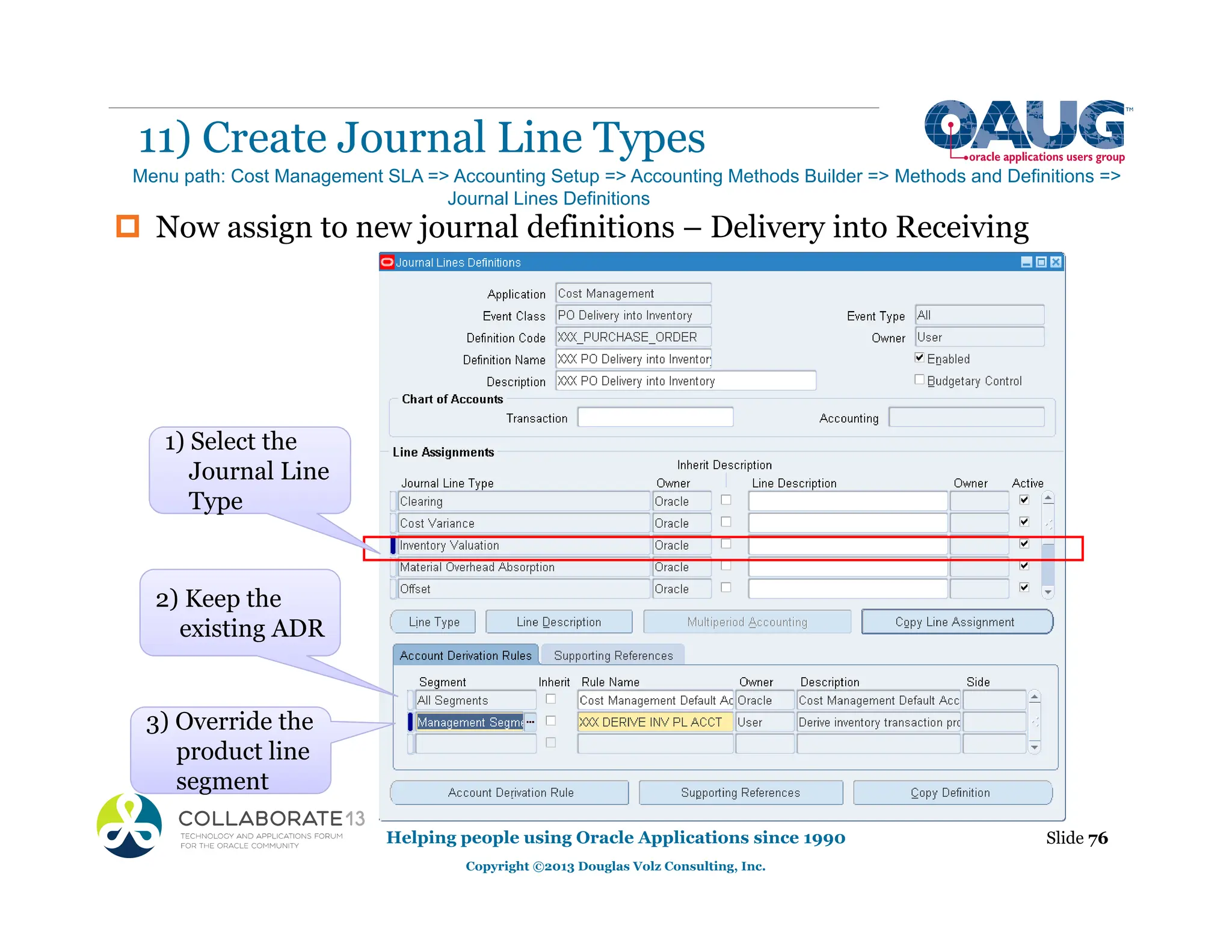 ‡ Now assign to new journal definitions – Delivery into Receiving
11) Create Journal Line Types
Helping people using Oracle Applications since 1990
Copyright ©2013 Douglas Volz Consulting, Inc.
Slide 76
Menu path: Cost Management SLA => Accounting Setup => Accounting Methods Builder => Methods and Definitions =>
Journal Lines Definitions
g
3) Override the
product line
segment
2) Keep the
existing ADR
Type
1) Select the
Journal Line
Type
 