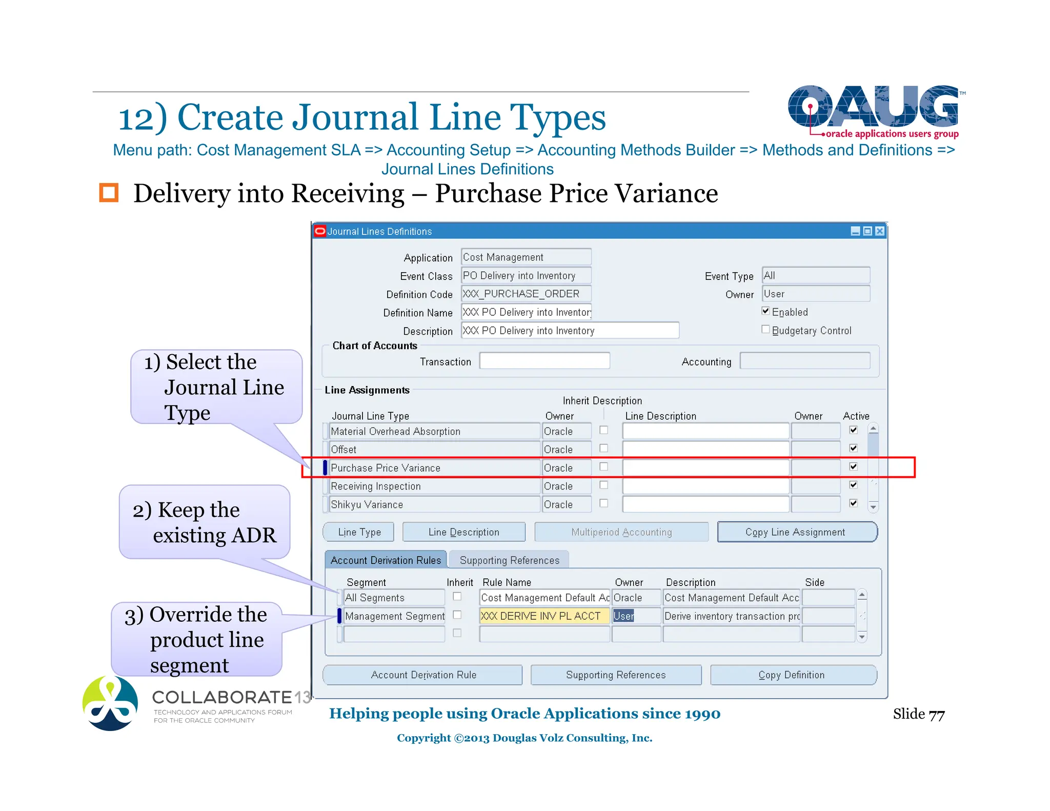‡ Delivery into Receiving – Purchase Price Variance
12) Create Journal Line Types
Helping people using Oracle Applications since 1990
Copyright ©2013 Douglas Volz Consulting, Inc.
Slide 77
Menu path: Cost Management SLA => Accounting Setup => Accounting Methods Builder => Methods and Definitions =>
Journal Lines Definitions
g
3) Override the
product line
segment
2) Keep the
existing ADR
Type
1) Select the
Journal Line
Type
 