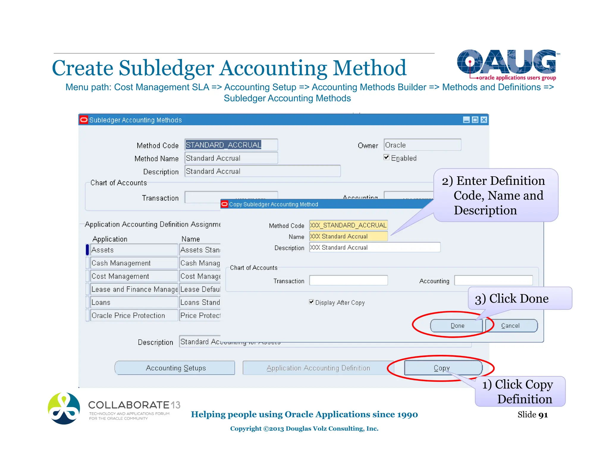Create Subledger Accounting Method
Helping people using Oracle Applications since 1990
Copyright ©2013 Douglas Volz Consulting, Inc.
Slide 91
Menu path: Cost Management SLA => Accounting Setup => Accounting Methods Builder => Methods and Definitions =>
Subledger Accounting Methods
1) Click Copy
Definition
2) Enter Definition
Code, Name and
Description
3) Click Done
 