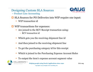 ‡ SLA Sources for PO Deliveries into WIP require one input:
ƒ WIP transaction id
‡ WIP transactions for expenses:
ƒ Are joined to the RCV Receipt transaction using:
• RCV transaction id
ƒ Which gets you the receiving shipment line id
ƒ And then joined to the receiving shipment line
ƒ To get the purchasing category id for this receipt
ƒ Which is joined to the Purchasing Expense Account Rules
ƒ To output the item’s expense account segment value
Designing Custom SLA Sources
– Product Line Accounting
Slide 103
Helping people using Oracle Applications since 1990
Copyright ©2013 Douglas Volz Consulting, Inc.
 