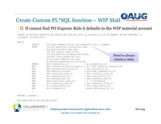 ‡ If cannot find PO Expense Rule it defaults to the WIP material account
Create Custom PL*SQL function – WIP Matl
Slide 105
Helping people using Oracle Applications since 1990
Copyright ©2013 Douglas Volz Consulting, Inc.
CREATE OR REPLACE FUNCTION XXX_DERIVE_WIP_EXP_MTL_ACCT (p_transaction_id IN NUMBER) RETURN VARCHAR2 is
l_segment varchar2(20);
BEGIN
SELECT nvl(prea.segment_value, gcc.segment5) into l_segment
FROM inv.mtl_material_transactions mmt,
wip.wip_discrete_jobs wdj,
inv.mtl_system_items_b msi,
inv.mtl_default_category_sets mdcs,
inv.mtl_item_categories mic,
gl.gl_code_combinations gcc,
po.po_rule_expense_accounts prea
WHERE mmt.transaction_id = p_transaction_id
AND mmt.transaction_source_type_id = 5 -- WIP material transaction
AND mmt.transaction_source_id = wdj.wip_entity_id
AND wdj.material_account = gcc.code_combination_id
AND mmt.inventory_item_id = msi.inventory_item_id
AND msi.organization_id = mmt.organization_id
AND mic.category_set_id = mdcs.category_set_id
AND mdcs.functional_area_id = 2 -- Purchasing
AND mic.inventory_item_id = msi.inventory_item_id
AND mic.organization_id = msi.organization_id
AND mic.category_id = prea.rule_value_id (+)
;
RETURN l_segment;
END XXKE_DERIVE_WIP_EXP_MTL_ACCT;
/
Need to always
return a value
 