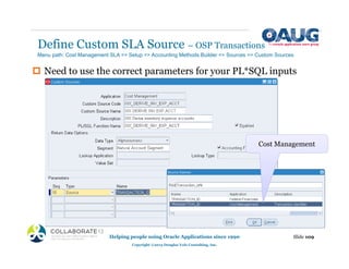 Define Custom SLA Source – OSP Transactions
Helping people using Oracle Applications since 1990
Copyright ©2013 Douglas Volz Consulting, Inc.
Slide 109
‡ Need to use the correct parameters for your PL*SQL inputs
Menu path: Cost Management SLA => Setup => Accounting Methods Builder => Sources => Custom Sources
Cost Management
 