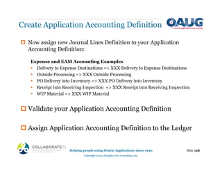 ‡ Now assign new Journal Lines Definition to your Application
Accounting Definition:
Expense and EAM Accounting Examples
ƒ Delivery to Expense Destinations => XXX Delivery to Expense Destinations
ƒ Outside Processing => XXX Outside Processing
ƒ PO Delivery into Inventory => XXX PO Delivery into Inventory
ƒ Receipt into Receiving Inspection => XXX Receipt into Receiving Inspection
ƒ WIP Material => XXX WIP Material
‡ Validate your Application Accounting Definition
‡ Assign Application Accounting Definition to the Ledger
Create Application Accounting Definition
Helping people using Oracle Applications since 1990
Copyright ©2013 Douglas Volz Consulting, Inc.
Slide 128
 