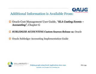 Additional Information is Available From:
‡ Oracle Cost Management User Guide, “SLA Costing Events –
Accounting”, Chapter G
‡ SUBLEDGER ACCOUNTING Custom Sources Release 12, Oracle
‡ Oracle Subledger Accounting Implementation Guide
Slide 134
Helping people using Oracle Applications since 1990
Copyright ©2013 Douglas Volz Consulting, Inc.
 