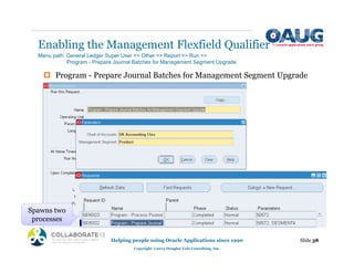 ‡ Program - Prepare Journal Batches for Management Segment Upgrade
Enabling the Management Flexfield Qualifier
Slide 38
Helping people using Oracle Applications since 1990
Copyright ©2013 Douglas Volz Consulting, Inc.
Menu path: General Ledger Super User => Other => Report => Run =>
Program - Prepare Journal Batches for Management Segment Upgrade
Spawns two
processes
 