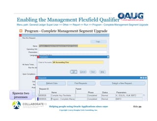 ‡ Program - Complete Management Segment Upgrade
Enabling the Management Flexfield Qualifier
Slide 39
Helping people using Oracle Applications since 1990
Copyright ©2013 Douglas Volz Consulting, Inc.
Menu path: General Ledger Super User => Other => Report => Run => Program - Complete Management Segment Upgrade
Spawns two
processes
 