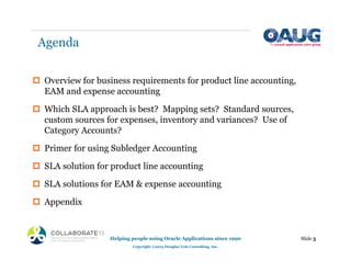 Agenda
‡ Overview for business requirements for product line accounting,
EAM and expense accounting
‡ Which SLA approach is best? Mapping sets? Standard sources,
custom sources for expenses, inventory and variances? Use of
Category Accounts?
‡ Primer for using Subledger Accounting
‡ SLA solution for product line accounting
‡ SLA solutions for EAM & expense accounting
‡ Appendix
Helping people using Oracle Applications since 1990
Copyright ©2013 Douglas Volz Consulting, Inc.
Slide 5
 