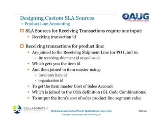 ‡ SLA Sources for Receiving Transactions require one input:
ƒ Receiving transaction id
‡ Receiving transactions for product line:
ƒ Are joined to the Receiving Shipment Line (or PO Line) to:
• By receiving shipment id or po line id
ƒ Which gets you the item id
ƒ And then joined to item master using:
• inventory item id
• organization id
ƒ To get the item master Cost of Sales Account
ƒ Which is joined to the COA definition (GL Code Combinations)
ƒ To output the item’s cost of sales product line segment value
Slide 51
Helping people using Oracle Applications since 1990
Copyright ©2013 Douglas Volz Consulting, Inc.
Designing Custom SLA Sources
– Product Line Accounting
 