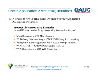 ‡ Now assign new Journal Lines Definition to your Application
Accounting Definition:
Product Line Accounting Examples
(in real life may need to do 33 Accounting Transaction Events!)
ƒ Miscellaneous => XXX Miscellaneous
ƒ PO Delivery into Inventory => XXX PO Delivery into Inventory
ƒ Receipt into Receiving Inspection => XXX Receipt into R/I
ƒ WIP Material => XXX WIP Material (not shown)
ƒ WIP Absorption => XXX WIP Absorption
Create Application Accounting Definition
Helping people using Oracle Applications since 1990
Copyright ©2013 Douglas Volz Consulting, Inc.
Slide 82
 