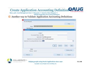‡ Another way to Validate Application Accounting Definitions
Create Application Accounting Definition
Helping people using Oracle Applications since 1990
Copyright ©2013 Douglas Volz Consulting, Inc.
Slide 88
Menu path: Cost Management SLA => Requests => Submit a New Request =>
Validate Application Accounting Definitions
 