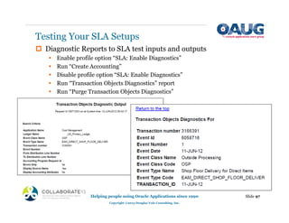 ‡ Diagnostic Reports to SLA test inputs and outputs
ƒ Enable profile option “SLA: Enable Diagnostics”
ƒ Run “Create Accounting”
ƒ Disable profile option “SLA: Enable Diagnostics”
ƒ Run “Transaction Objects Diagnostics” report
ƒ Run “Purge Transaction Objects Diagnostics”
Testing Your SLA Setups
Slide 97
Helping people using Oracle Applications since 1990
Copyright ©2013 Douglas Volz Consulting, Inc.
 