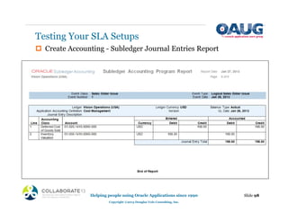 ‡ Create Accounting - Subledger Journal Entries Report
Testing Your SLA Setups
Slide 98
Helping people using Oracle Applications since 1990
Copyright ©2013 Douglas Volz Consulting, Inc.
 