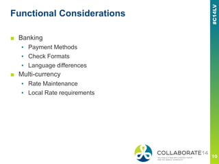 Functional Considerations
■ Banking
▪ Payment Methods
▪ Check Formats
▪ Language differences
■ Multi-currency
▪ Rate Maintenance
▪ Local Rate requirements
 