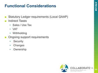 Functional Considerations
■ Statutory Ledger requirements (Local GAAP)
■ Indirect Taxes
▪ Sales / Use Tax
▪ VAT
▪ Withholding
■ Ongoing support requirements
▪ Security
▪ Changes
▪ Ownership
 