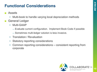Functional Considerations
■ Assets
▪ Multi-book to handle varying local depreciation methods
■ General Ledger
▪ Multi-GAAP
— Evaluate current configuration. Implement Book Code if possible
— Sometimes multi-ledger solution is less invasive.
▪ Translation / Revaluation
▪ Statutory reporting considerations
▪ Common reporting considerations – consistent reporting from
corporate
 